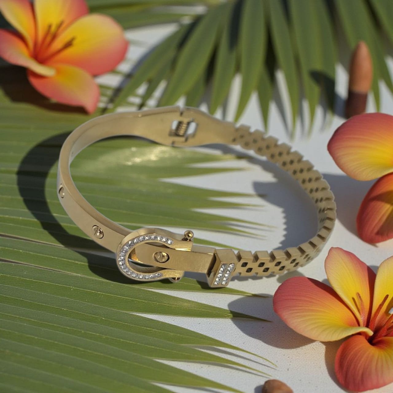 'Lucky Me' Gold Stainless steel cuff bracelet.