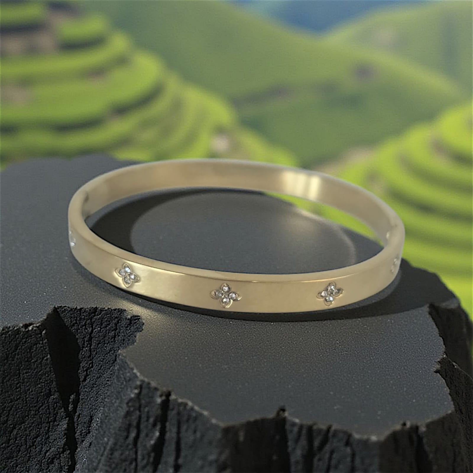'Midnight Hour' Gold stainless steel cuff bracelet.