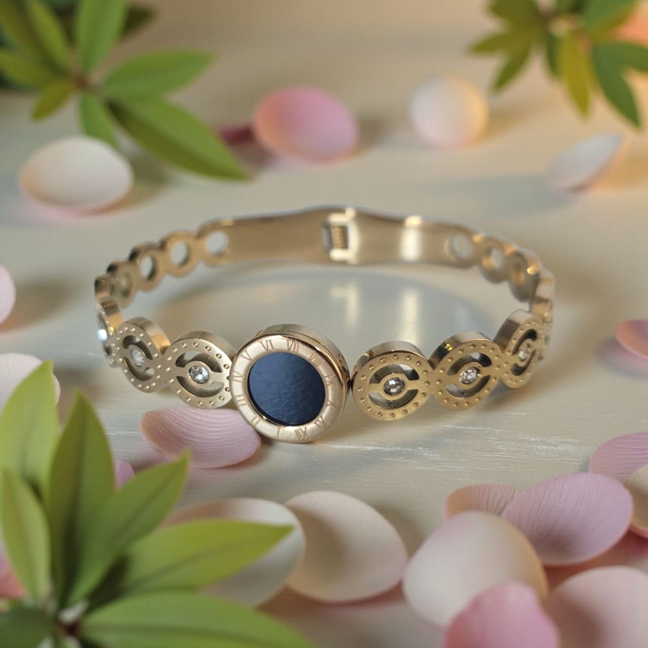 'Summer Loving' Gold stainless steel cuff bracelet.